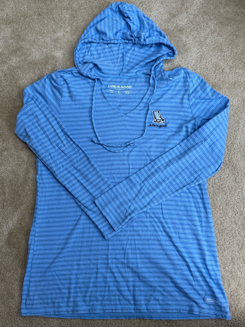 Life Is Good Women’s Sz L Light Blue Striped Hooded Long Sleeve Shirt